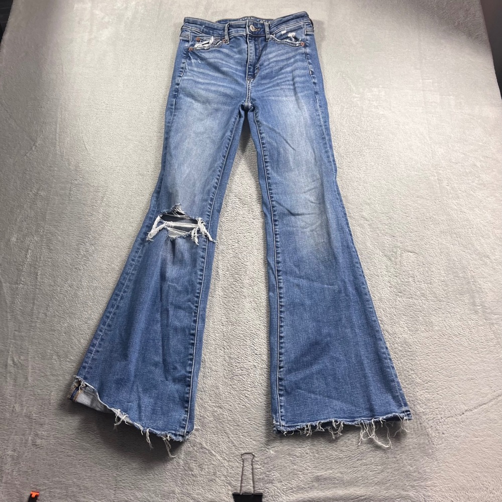 American Eagle Super Hi-Rise Flare Jeans Distressed Blue Denim Size 0 Regular